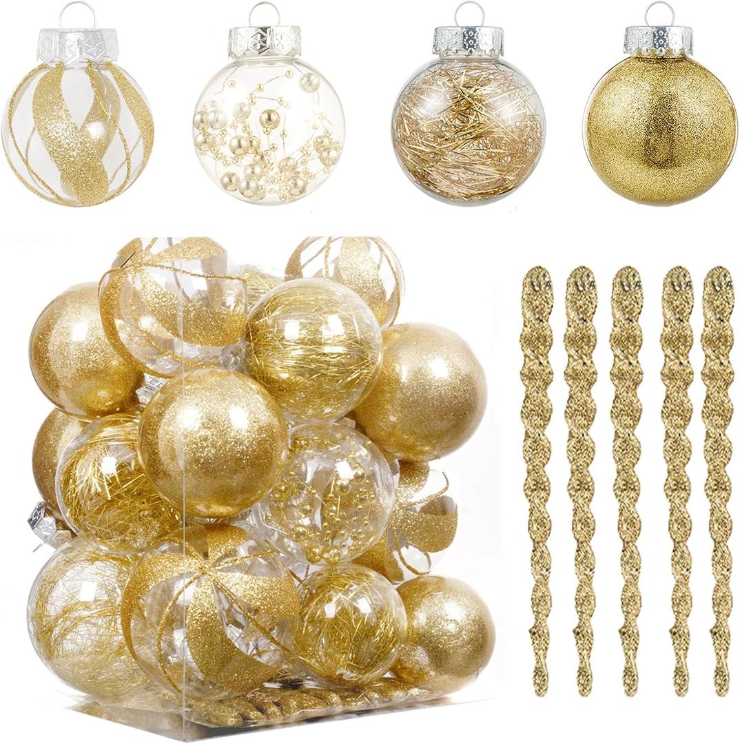 XmasExp 32ct Christmas Ball Ornaments Set -Gold Clear Plastic Shatterproof Xmas Tree Ball Decorations Hanging Baubles for Holiday Decor (Various Size)