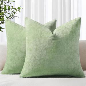 decorUhome Chenille Sage Green Throw Pillow Covers 18x18 Inch Set of 2, Decorative Soft Couch Pillow Covers Solid Dyed Accent Farmhouse Neutral Square Pillow Cases for Sofa Bed Living Room