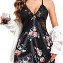 Avidlove Women Lingerie V Neck Nightwear Satin Sleepwear Lace Chemise Mini Teddy (X-Small, Big Floral)