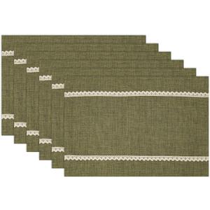 Linen Style Rustic Washable Placemats Set of 6,Woven Cloth Textured Heat Resistant Non-Slip Placemat with lace Trim for Kitchen Dining Patio Table Decor, Olive Green