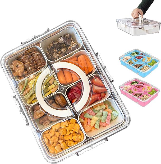 Snackle Box Container, Snack Tray with Lid, Divided Serving Tray with Lid and Handle, Snack Tackle Box, Clear Organizer for Fruits Snacks, Snackle Boxes Perfect for Road Travel Party (White)