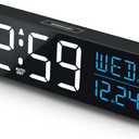 Peakeep Large Display Digital Alarm Clock for Bedrooms, Date Day of Week Calendar Desk Table Clocks for Living Room Office, Dimmable Plug in Electric Clock, 5 Volumes, Loud, Auto DST (White and Blue)