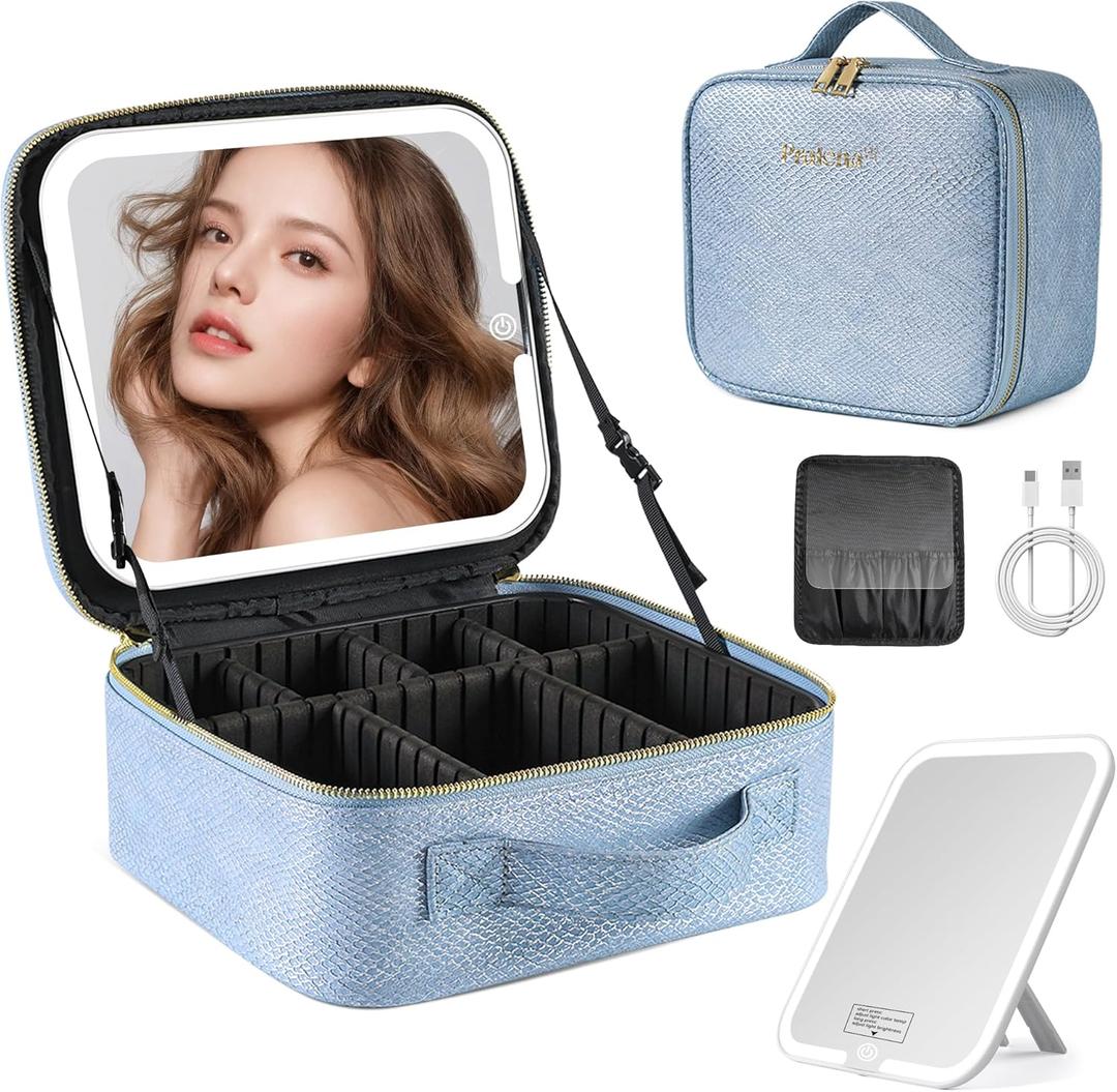 Portable Travel Makeup Bag with Mirror and Light - 3 Colors,Adjustable Brightness Spacious Cosmetic Organizer,Mermaid Shine Blue
