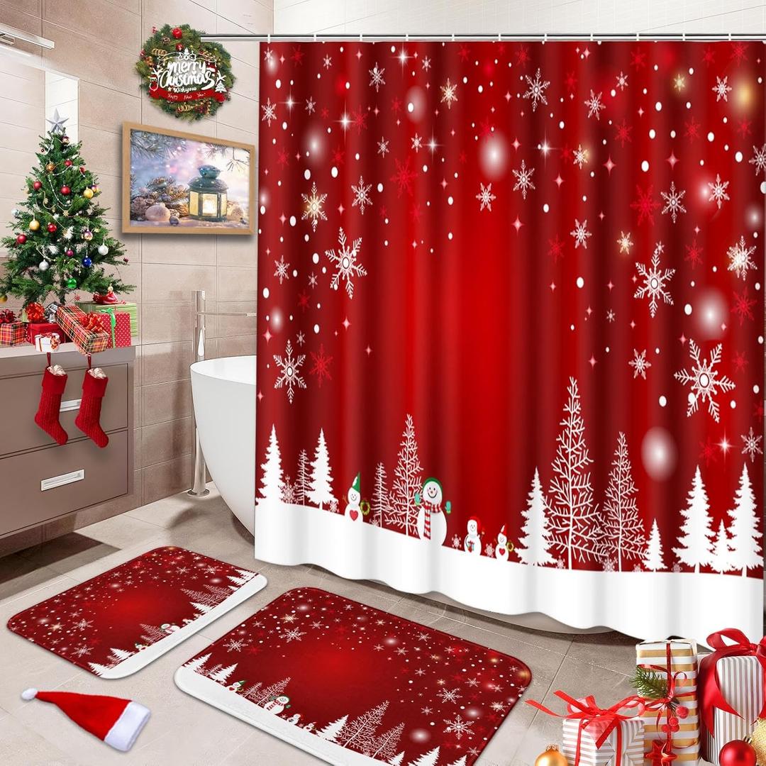 ArtSocket Merry Christmas Bathroom Set with Shower Curtain and Rugs and Accessories, Snowflake Red Shower Curtain Set, Snowman Frost Xmas Bathroom Decor 3 Pcs