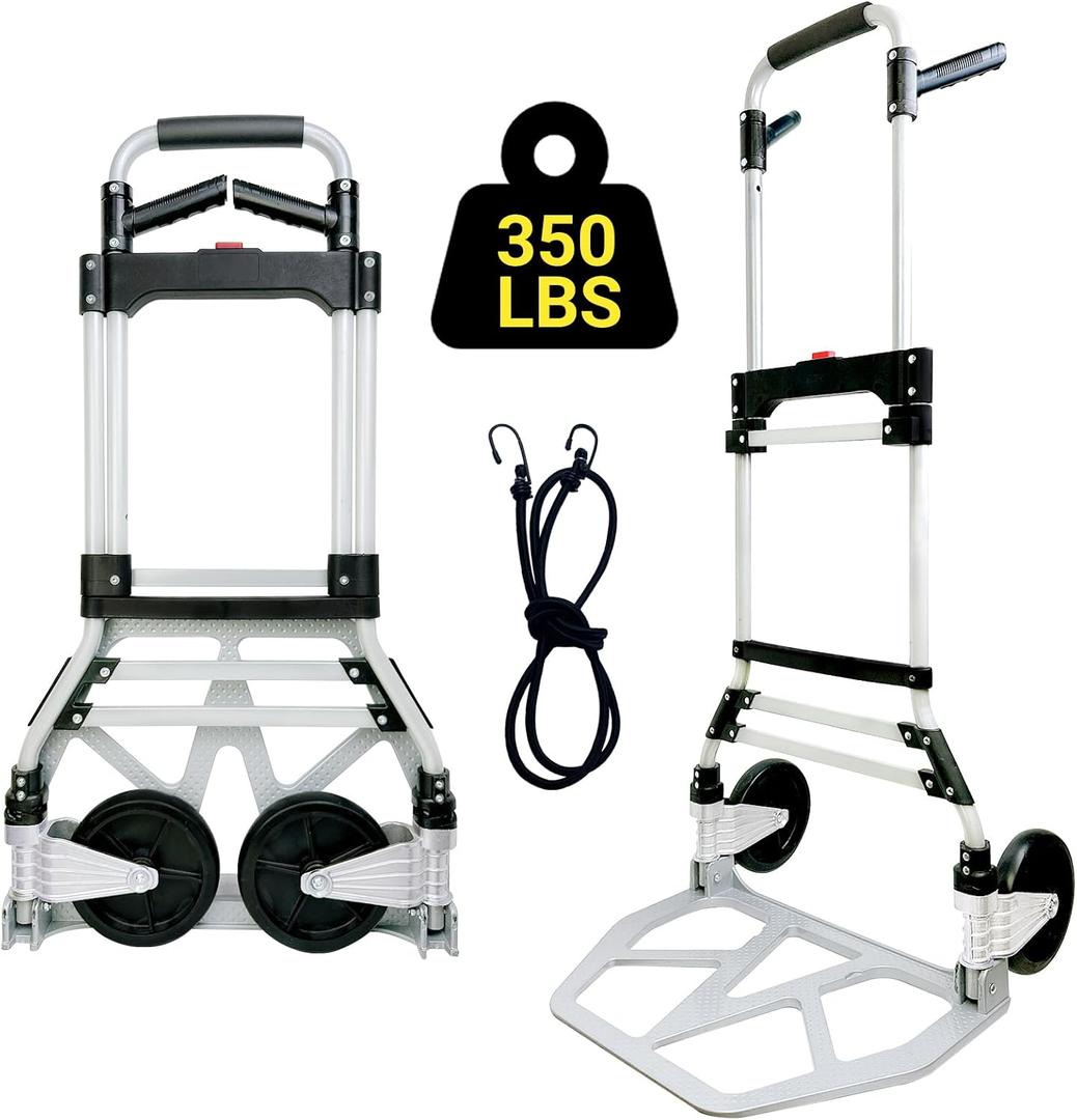 . 350LBS Folding Hand Truck Dolly Cart, Aluminum Portable Cart Heavy Duty Utility Dolly Trolley with Swivel Handle, Telescoping Handle, Elastic Cord, 7-inch Big Wheels for Home, Shopping, Office,  350 lbs, 2 Wheels, Double Handle