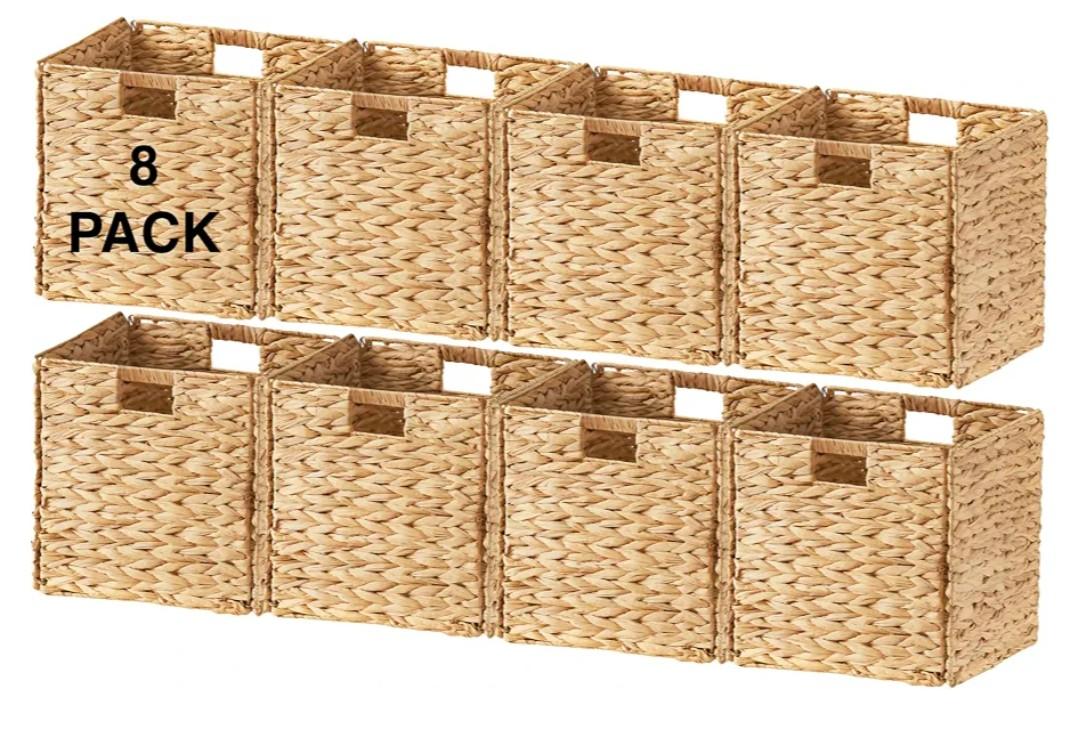 Ornavo Home 13x13 Water Hyacinth Storage Baskets Set of 8, NaturalHandwoven Collapsible Wicker Cube Bins with Handles; Ideal for Bathroom, Bedroom, Laundry or Pantry