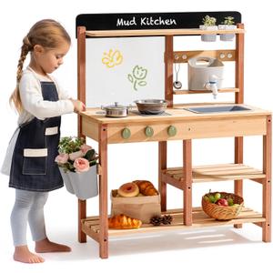ROBOTIME Mud Kitchen for Kids Outdoor – Wooden Outdoor Mud Kitchen with Sink & Storage – Outdoor Pretend Kitchen Toy for Boys and Girls Ages 3+
