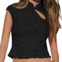 SweatyRocks Women's Floral Lace Cap Sleeve T Shirts Cut Out Mock Neck Fitted Cheongsam Tops (Black, L)
