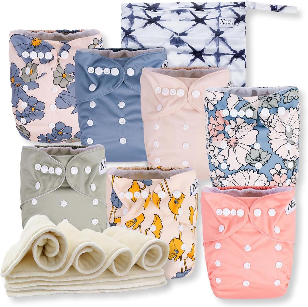 Nora's Nursery Cloth Diapers 7 Pack with 7 Inserts & 1 Wet Bag - Waterproof Cover, Washable, Reusable & One Size Adjustable Pocket Diapers for Newborns and Toddlers - Delilah