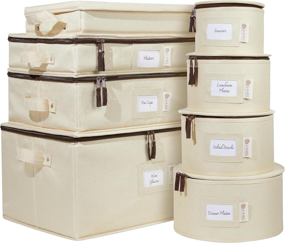 China Storage Hard Shell Containers 8-Piece Set Moving Boxes for Dinnerware, Glasses, Plates, Mugs and Saucers Sturdy Dish Organizer with Dividers for Seasonal Storage - Service for 12 - Beige