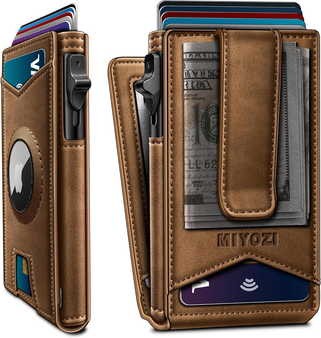 miyozi Airtag Wallet for Men Money Clip 9-Card Pop-Up Credit Card Holder with ID Window RFID Blocking Metal Case Magnetic Closure Front Pocket Wallet Gift Box | with Money Clip, Gift Boxed, Slim, RFID Blocking, Pop-up Card Case, Flip (Tiger Eye045)