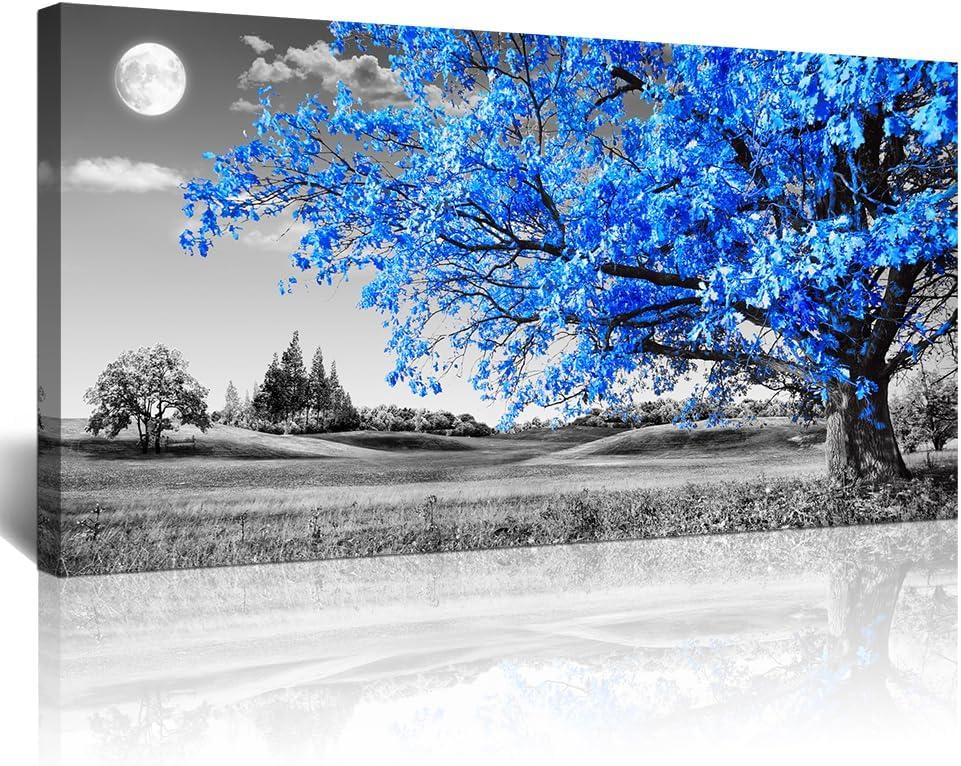 Lapremoly Canvas Prints Wall Art For Living Room Large Wall Decor For Bedroom Blue Tree Landscape Abstract Painting Office Wall Decoration Black and White Picture Modern Ready To Hang Home Wall Art (48"L x 24"W)