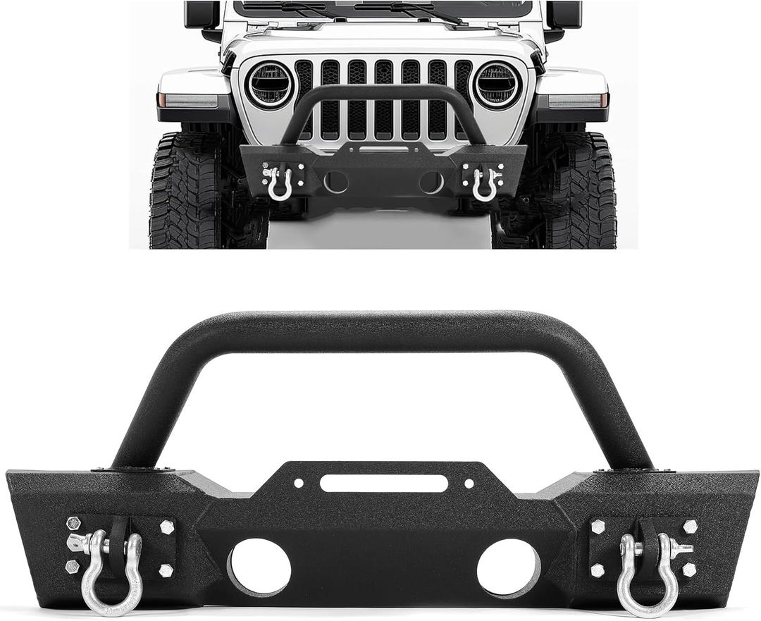 ECOTRIC Stubby Front Bumper Compatible With 2007-2024 Jeep Wrangler JK JL Gladiator JT W/Fog Light Housing & D-rings Steel Powder Coated Black (Style1)