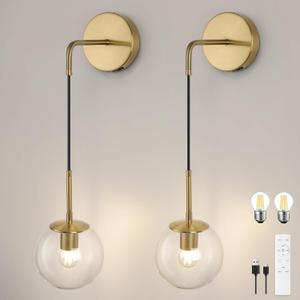 Battery Operated sconces Set of 2 Glass Globe Rechargeable Wall Light Fixture Wireless Wall Lights with Clear Glass Shade for Living Room, Hallway, Bedroom(2 Pack) (3000k,Suspension)
