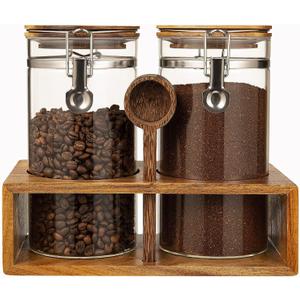 Yangbaga Glass Coffee Container with Wooden Shelf,245OZ Coffee and Sugar Container Set,Coffee Canisters with Airtight Lids and Scoop,Large Capacity Food Storage Jars for Coffee Beans,Nuts,Tea,Sugar
