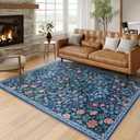 Moynesa Floral Washable Rug, Boho 5x7 Area Rugs for Living Room, Non Slip Large Dining Room Rug Under Table, Botanical Ultra Thin Floor Carpet for Bedroom Home Office, Blue
