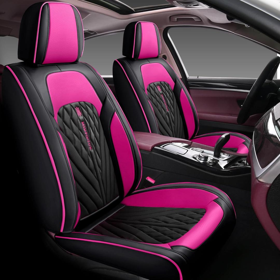 Comfortable Leather Auto Car Seat Covers Front & Rear Seat Protector Fit Sedan SUV 5 Seats Full Set Universal Fit. (Black & Rose)
