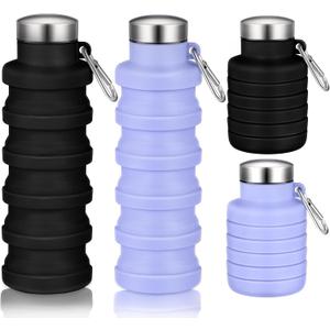 Baderke 2 Pcs Collapsible Water Bottles 17oz Silicone Travel Foldable Portable Water Bottle with Buckle Silicone Lightweight Reusable Leakproof for Camping Hiking Cycling Sport(Purple, Black)