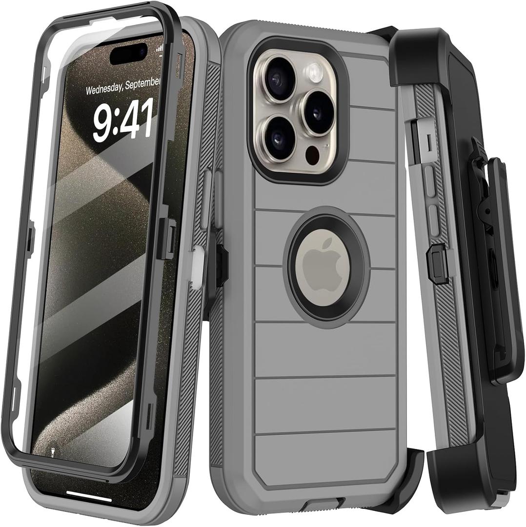 for iPhone 15 Pro Max Case with Belt Clip Holster, Built-in Screen Protector, Heavy Duty Shockproof Drop Protection Military Grade 3 Layers Rugged Phone Cover with Kickstand for Apple 15 ProMax (Gray)