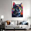 Cat Canvas Wall Art Graffiti Wall Decor Framed Funny Cat Listen to Music Picture Pet Painting Modern Pop Prints for Living Room Home Office Ready to Hang - 16.00"x24.00"