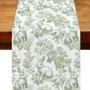 Chinoiserie Easter Table Runner Toile de Jouy Vintage Green and White Bunny Spring Party Decoration Home Kitchen Dining Room Table Decor (Green, 13" x 108")
