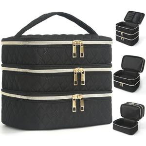 Travel Makeup Bag for Women Three Layer Large Cosmetic Case Water-resistant Toiletry Bag Organizer for Store Toiletries Cosmetic Accessories and Manicure Sets Black