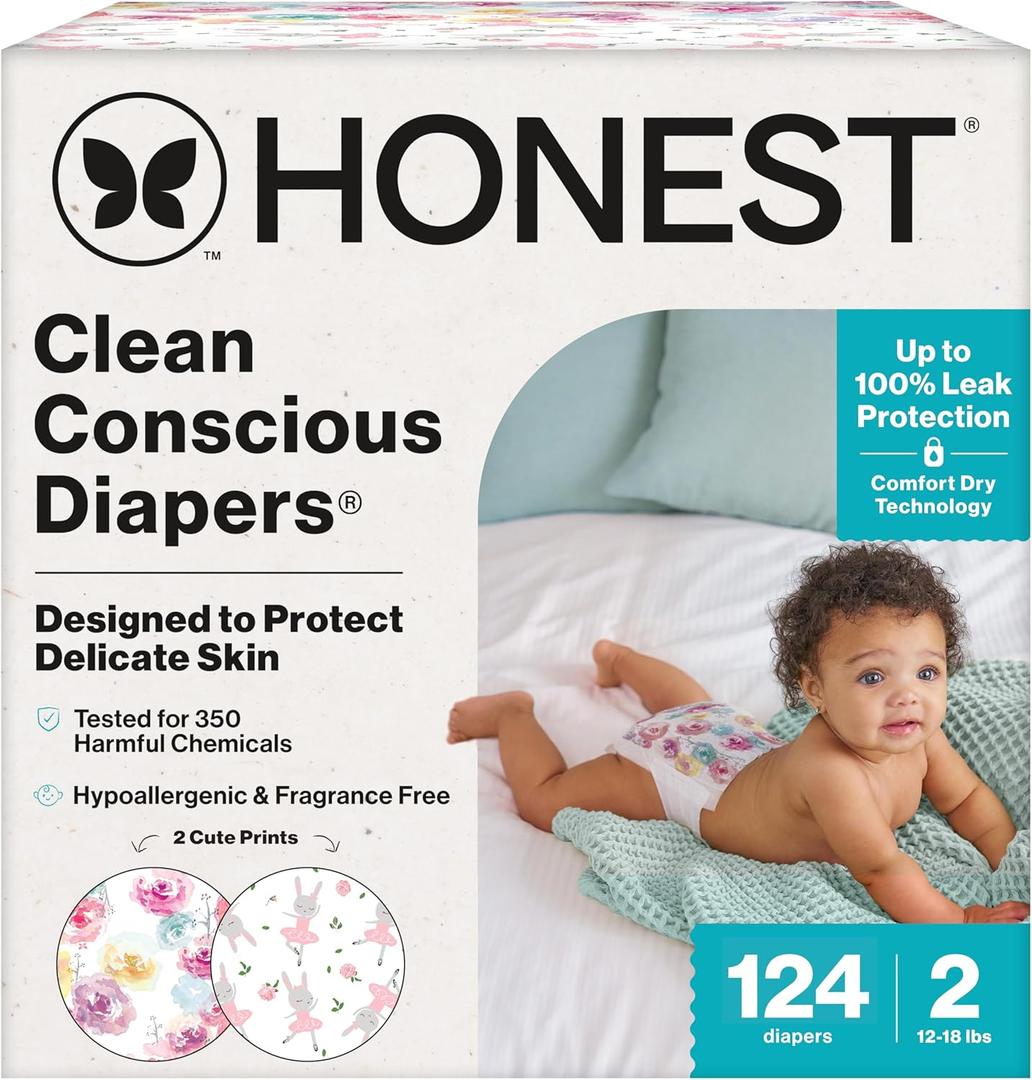 The Honest Company Clean Conscious Diapers for Delicate Skin | Up to 100% Leakproof | Hypoallergenic, Fragrance Free | Girl Prints | Super Club Box, Size 2 (12-18 lbs), 124 Count (Prints May Vary) (Rose Blossom + Tutu Cute)