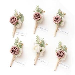 Ling's moment Boutonniere for Men, 6pcs Groom Groomsmen Boutonniere, Artificial Flowers for Wedding Decor/Prom/Homecoming, etc.Pink Dusty Rose