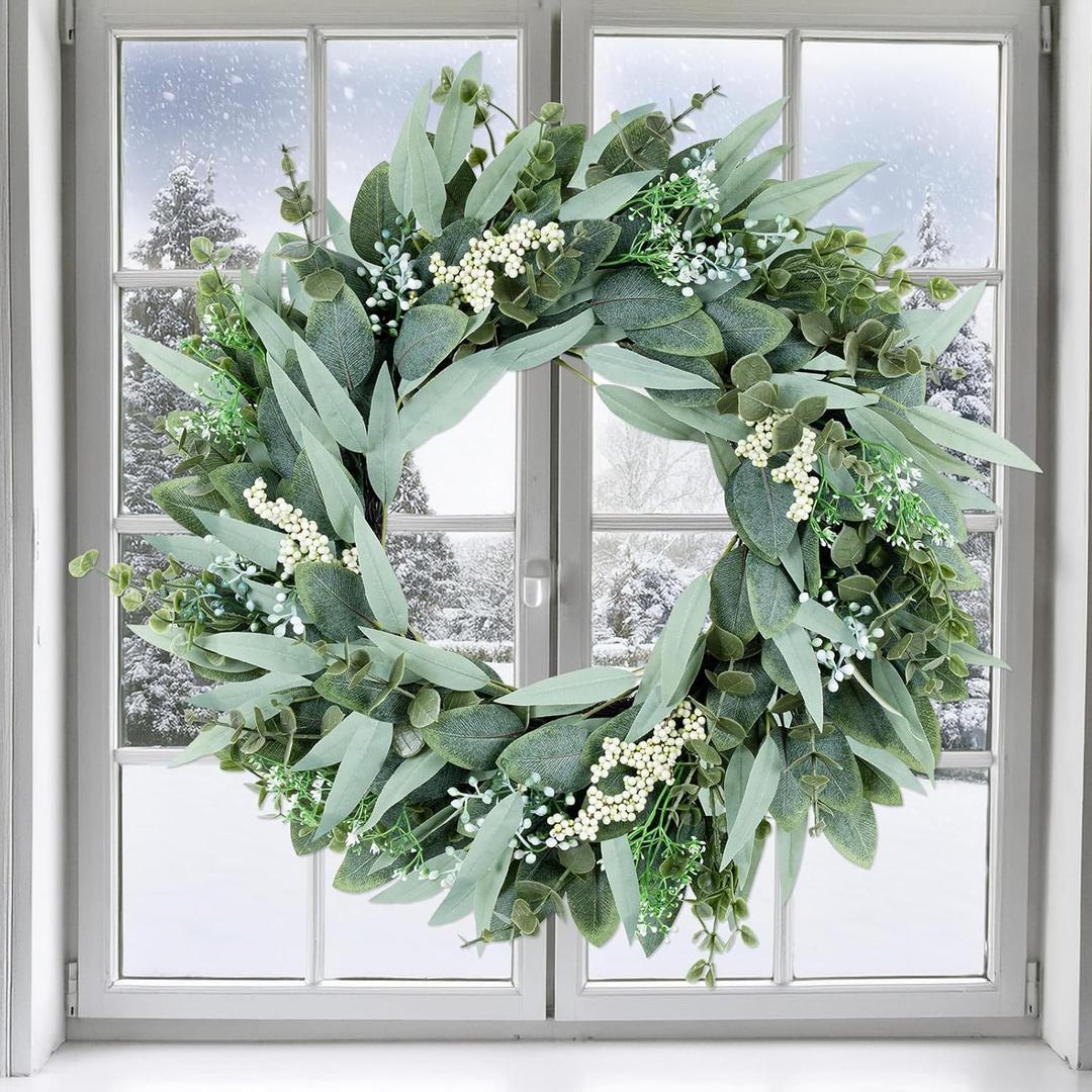 26" Eucalyptus Wreaths Large Artificial Greenery Outdoor/Indoor Wreath Spring/Summer/Winter Xmas Wreath Green Wreaths for Front Door Porch Window Wall Hanging Decor All Year Round Wreath Green