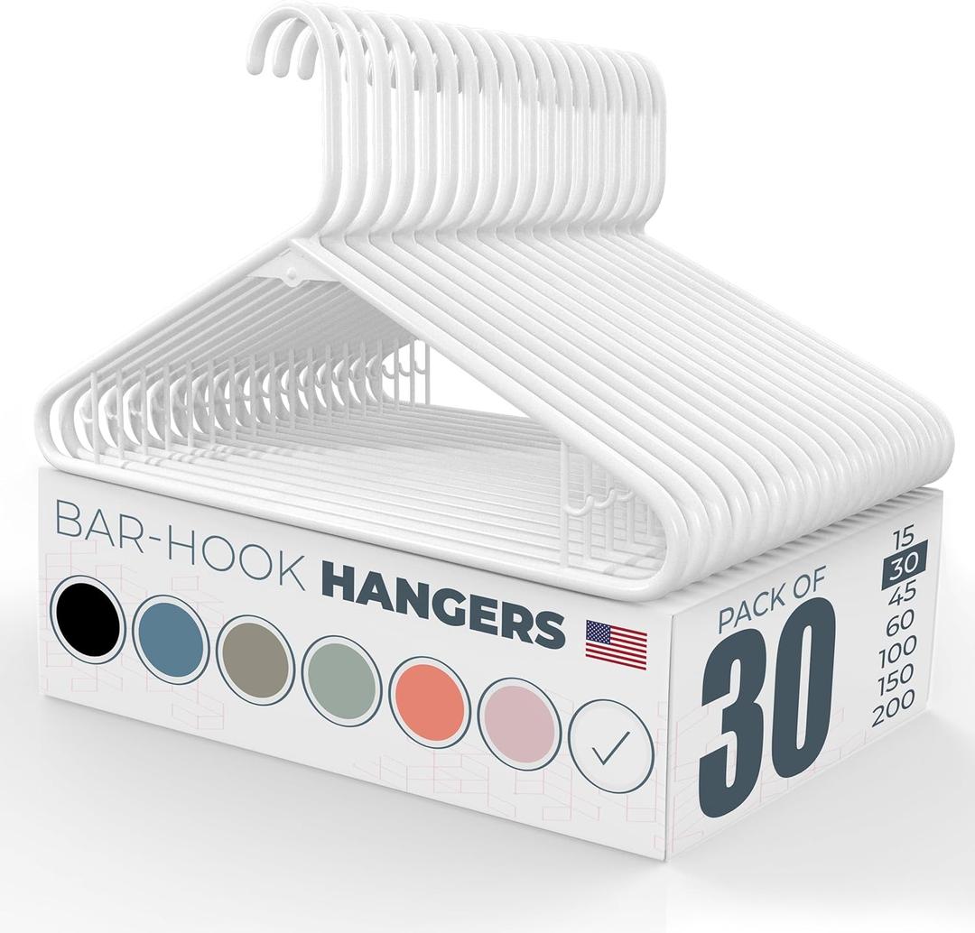 30pk Made in USA Strong Plastic Clothes Hangers Bulk, Laundry Clothes Hanger | Coat Hangers Plastic | Heavy Duty Plastic Hanger for Closet and Clothing Hangars (White)