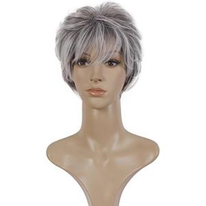 Deifor Old lady Short Messy Curly Synthetic Hair High Temperatuer Natural As Real Hair Wigs for Daily Use (Gray White Ombre)