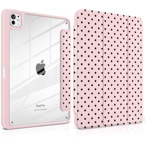 Case for iPad Pro 13 Inch (M5 2025 M4 2024) – [Built-in Pencil Holder], Shockproof & Stylish, Clear Hard Back + Soft TPU Edge, Magnetic Trifold Stand, Auto Wake/Sleep, Pink Polka dot