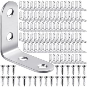 Pelopy 100 Pcs L Shaped Bracket Corner Brace Stainless Steel 90 Degree Corner Brace Heavy Duty Right Angle Bracket for Wood Furniture Chair Drawer Cabinet with Screws (1.57 x 1.57 Inch)