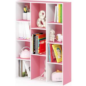 Furinno LUDER Book Shelf, 11-Cube Bookshelf, Reversible Bookcase, 9.4 x 29.1 x 41.7, for Living Room, Bedroom, Home Office, White/Pink