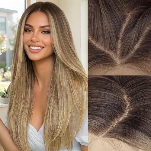 AISI HAIR 13x4 Ombre Blonde Straight Lace Front Wig for Women Synthetic Pre Plucked Blonde Glueless Wig With Baby Hair for Beginner Friendly 28inch