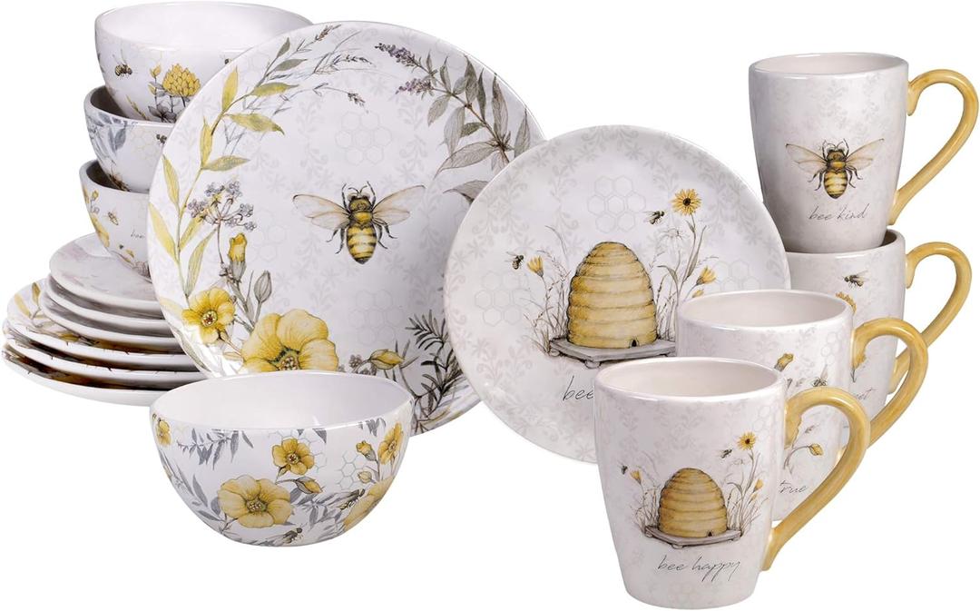Bee Sweet 16-Piece Ceramic Dinnerware Set  Service for 4, Farmhouse Bee and Floral Design, Includes 4 Dinner Plates, 4 Salad Plates, 4 Bowls, 4 Large Mugs  Microwave & Dishwasher Safe