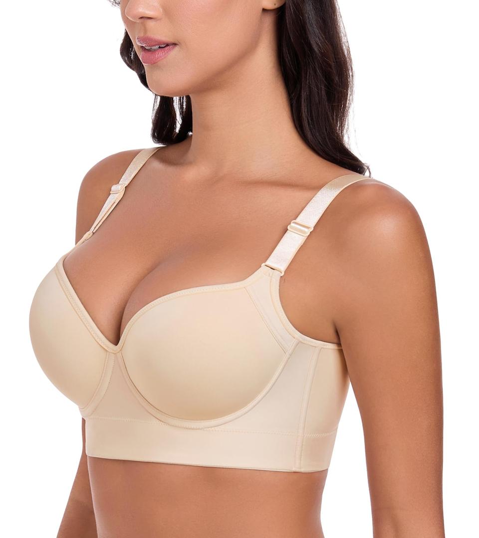 Bra Full Back Coverage Back Fat Smoothing Underwire Supportive T Shirt Bras for Women, Beige, 36DD