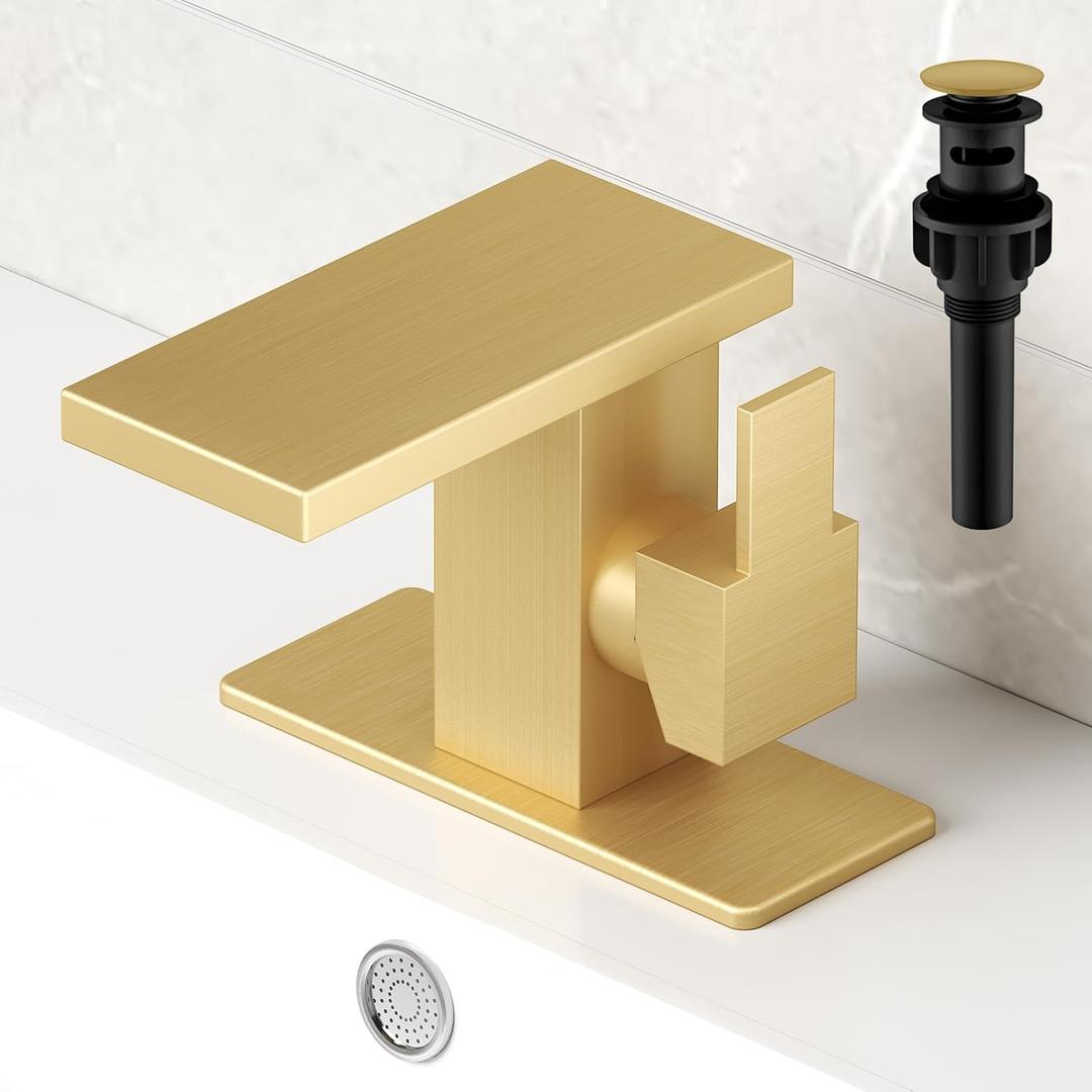 Hoimpro Bathroom Waterfall Sink Vanity Faucet with Pop-up Drain and cUPC Water Supply Line 6 Inch Deck Plate, Single Handle One 1 Hole, Stainless Steel Brushed Gold