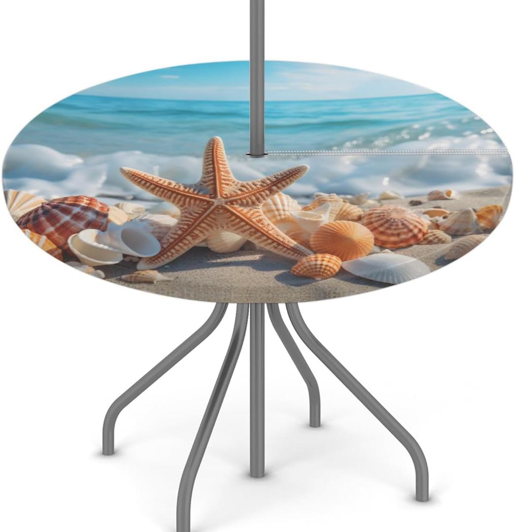 Outdoor Tablecloth with Umbrella Hole, Shell Starfish Round Fitted Tablecloth with Elastic 45"-56" Waterproof Oil-Proof Round Outdoor Tablecloth Patio Table Cover for Picnic Camping Party