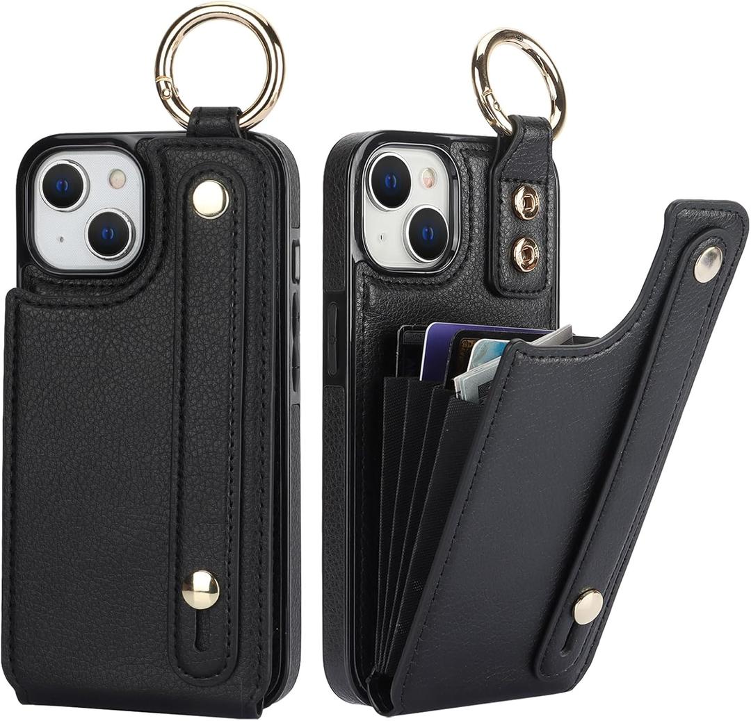 Folosu for iPhone 13/14 Wallet Case with Card Holder, Hand Wrist Strap Loop Holder Kickstand, RFID Blocking Finger Grip Ring PU Leather Double Buttons Shockproof Cover 6.1" Black
