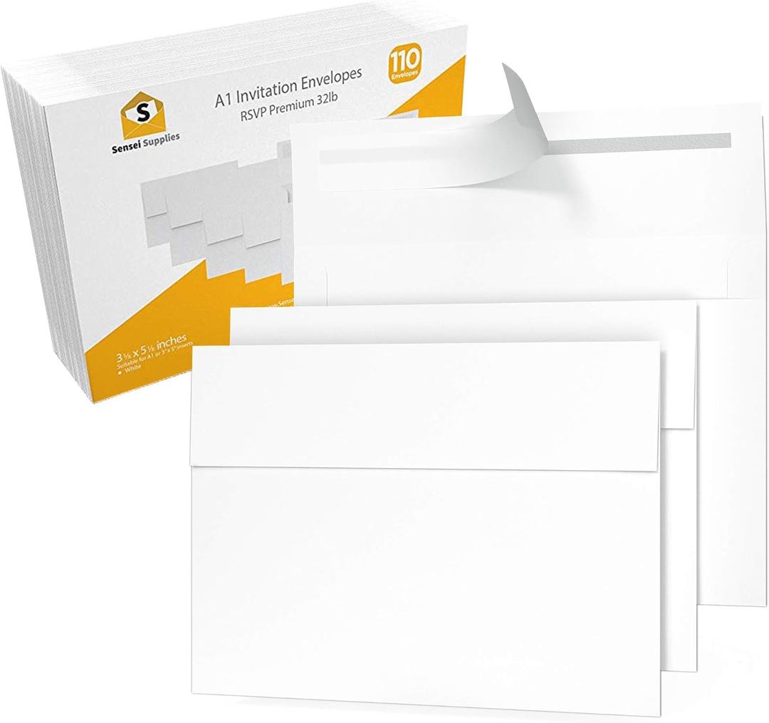 110 3.5x5 White RSVP Small Envelopes - A1 - For Weddings Response Cards, Baby Showers, Thank You Notes, Photos and any 3 x 5 inserts (3 5/8 x 5 1/8 inches) - W/Peel, Press & Self Seal - Square Flap