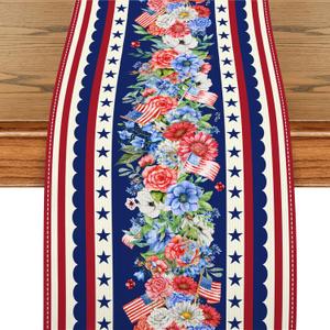 2 x 4th of July Table Runner, Patriotic Floral Stars Table Runner for Memorial Day and Independence Day, Farmhouse Dining Table Decor for Home Kitchen Party, 13 x 72 Inch