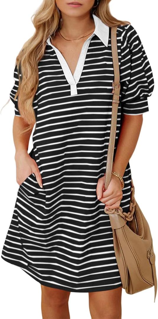 BLENCOT Women's Casual Polo V Neck T Shirt Striped Dress Summer Puff Short Sleeve MIdi Dresses (S)
