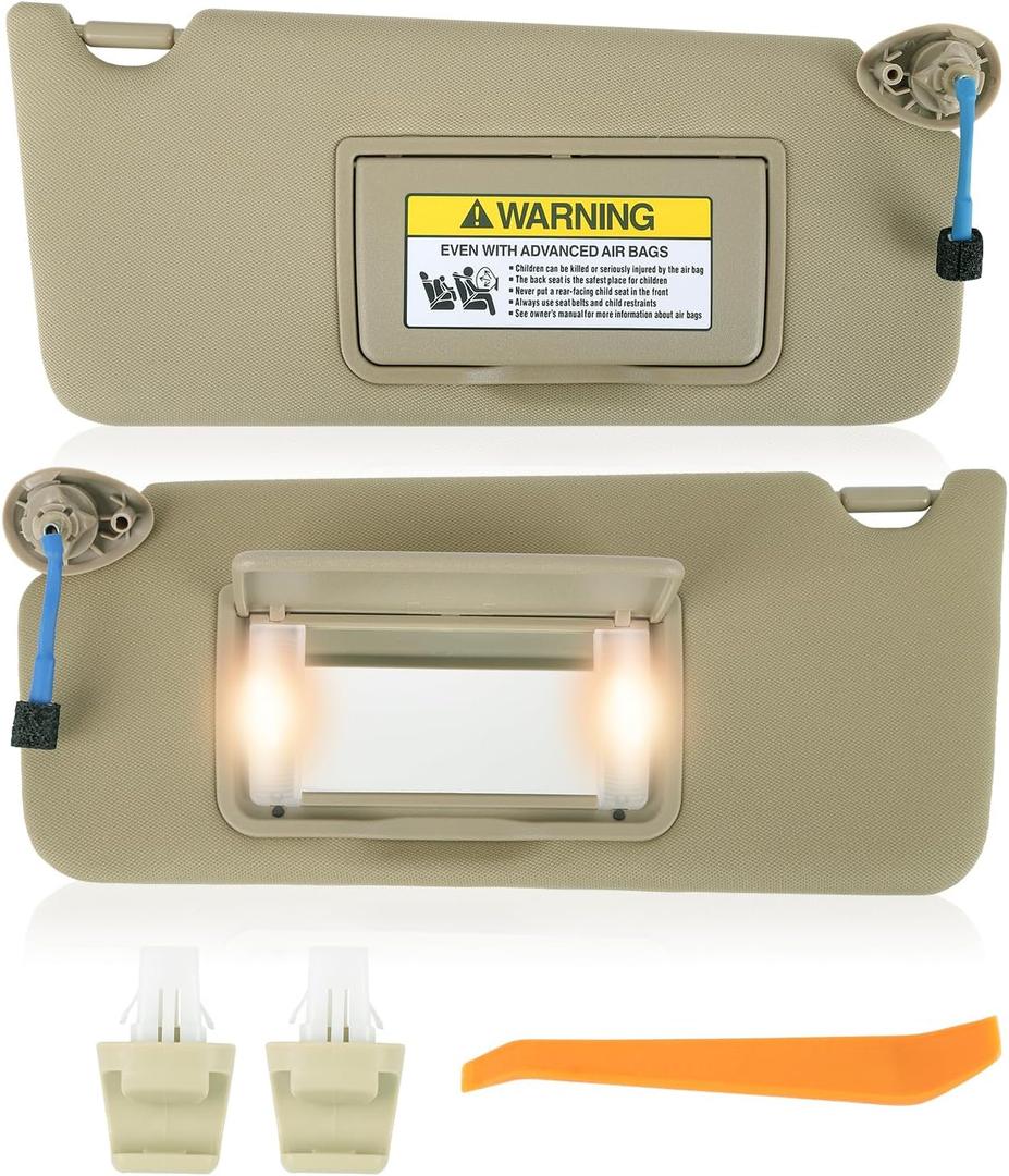 Sun Visor Pair for 2008-2017 Honda Accord - Driver & Passenger Side Replacement (Beige Color) - with Vanity Light (Illuminated) - Replaces# 83280-TA0-A91ZB - Includes Clips & Instructions