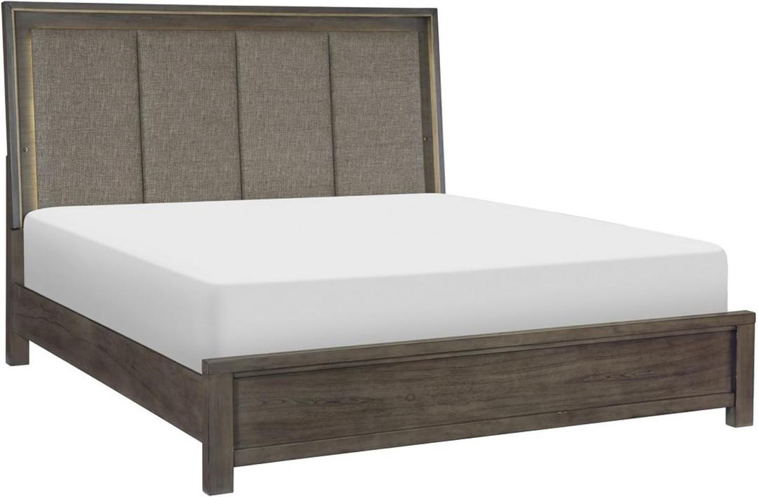 Benjara Carie Queen Bed, LED Lit Upholstered Headboard, Brown Solid Wood, Brownish Gray