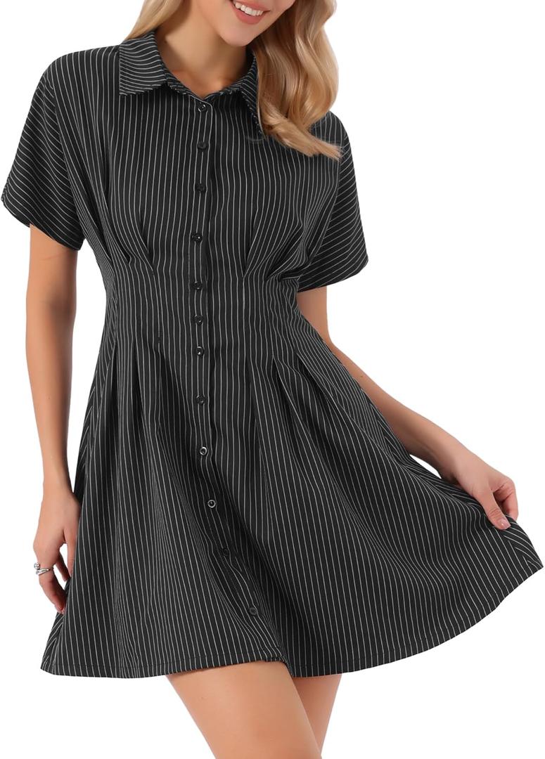 Allegra K Striped Shirt Dress for Women's Button Down Short Sleeve Casual Tight Waist Work Dresses, Size XS