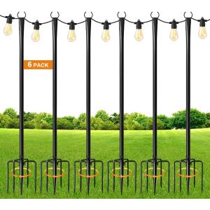 6 Pack 9FT String Light Poles for Outdoor,Metal Lights Hanging Pole Outside with Fork,Light Stand for Patio, Pergola, Garden, Backyard, Yard, Camping Party