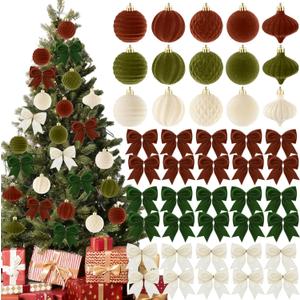 Syhood 60 Pcs Neutral Velvet Christmas Ornaments 30 Flocked Hanging Ball Ornament for Christmas Tree 30 Velvet Bow Green Brown Cream Shatterproof Ball Decoration Assortment Xmas Tree Winter Party