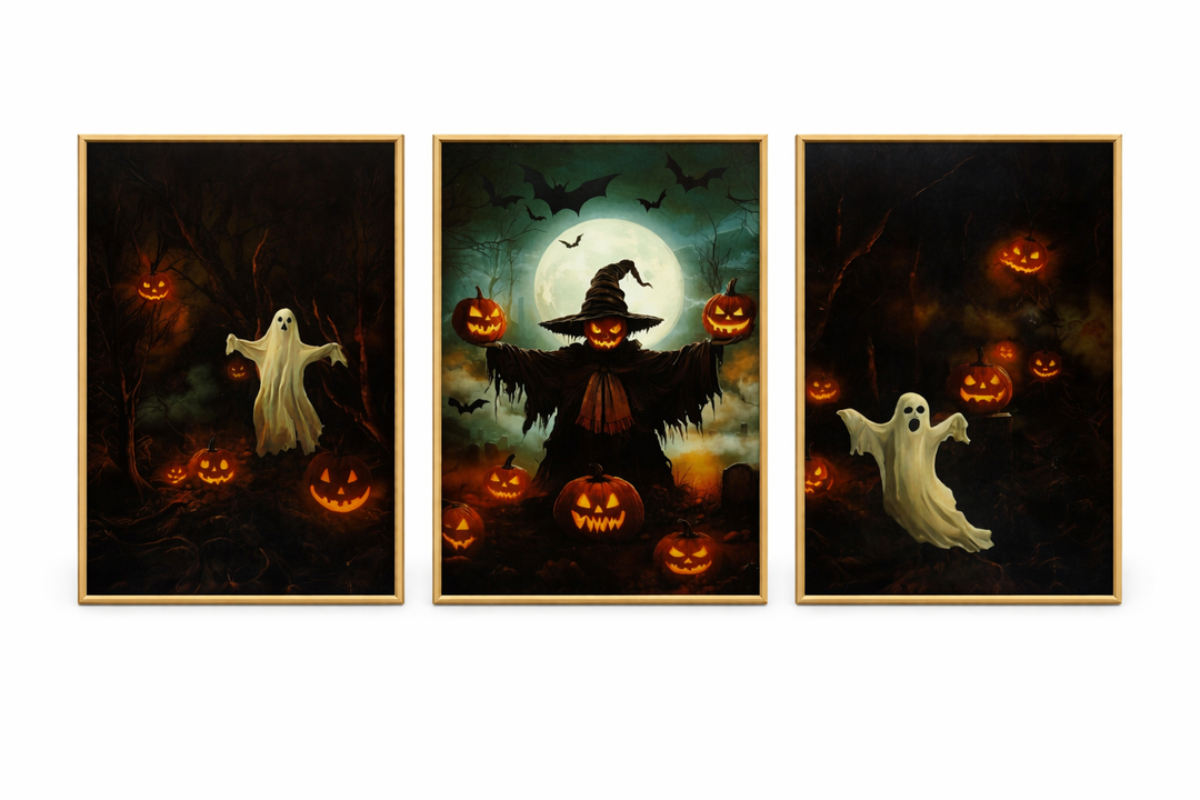 Spooky Halloween Ghost Lighted Pumpkin Framed Canvas Wall Art Set,Gothic Inspired Cute Black Cat Witch Hat Wall Decor,Vintage Foggy Forest Castle Artwork for Living Room, Bedroom-16 x24 x1