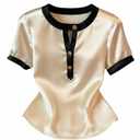Verdusa Women's Old Money Satin Metal Button Down Blouse Short Sleeve Shirts Summer Tops Apricot Large (Beige, L)
